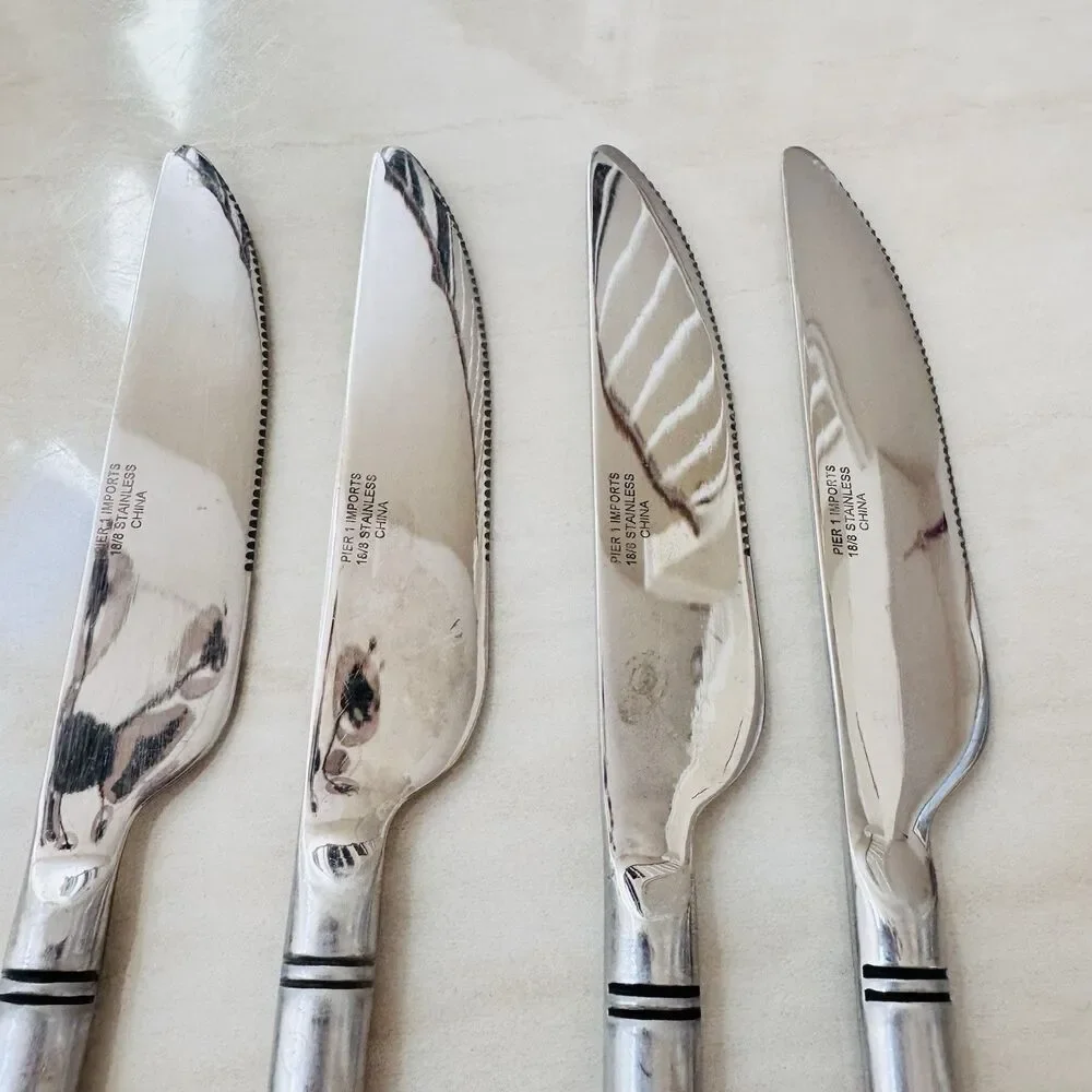 4pc Pier 1 Steak Knife 9” 18/8 Stainless Serrated Satin Ribbed/Bamboo Handle